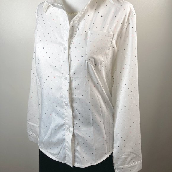 Star or cross print button-down shirt ~ Celestrial white pink blue MEDIUM blouse - Picture 10 of 15